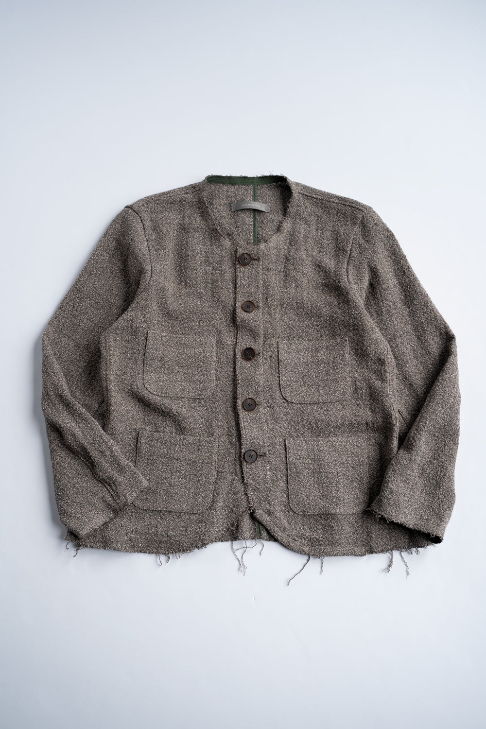 【ラスト1点】Special Twisted Yarn Fabric Collarless Jacket/スペシャルツイステッドヤーンファブリックカラーレスジャケット(LIGHT BROWN)