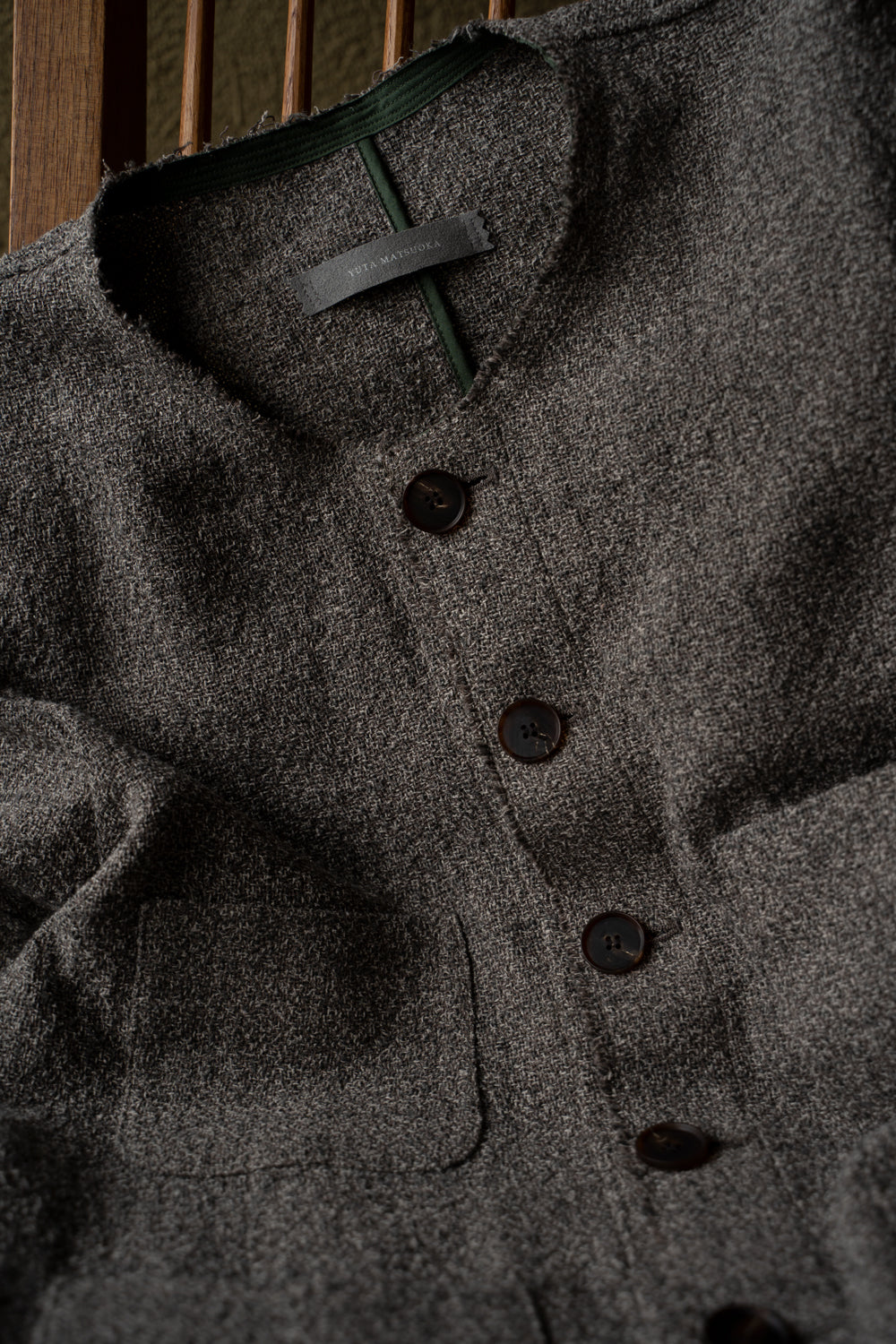 【ラスト1点】Special Twisted Yarn Fabric Collarless Jacket/スペシャルツイステッドヤーンファブリックカラーレスジャケット(LIGHT BROWN)