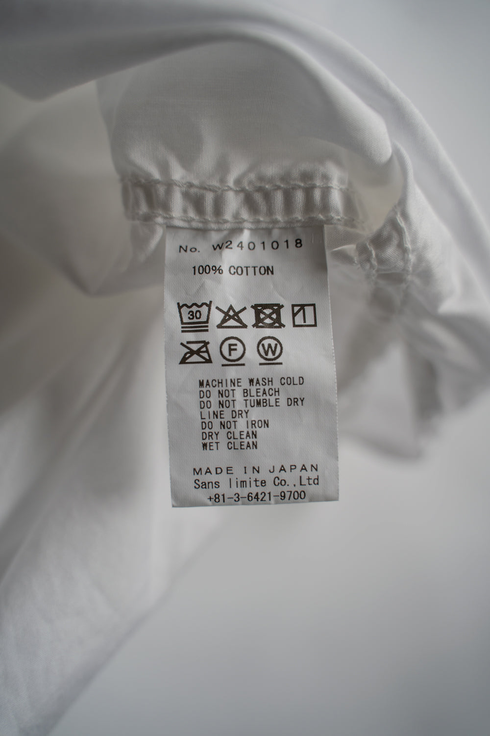 SH06 S 長丈2本針スタンドカラーシャツ(WHITE)