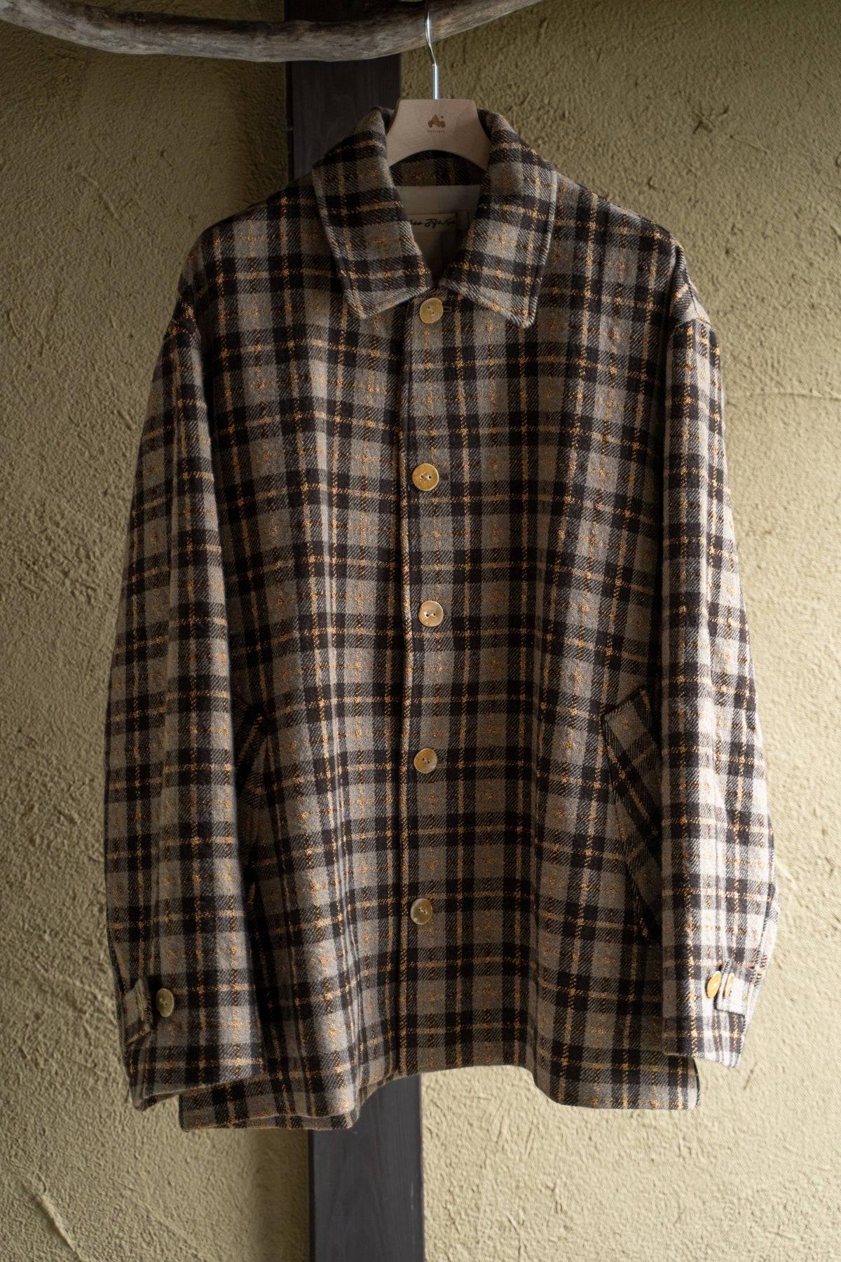 【ラスト1点】Short Mac Coat - Wool Linen Silk Cashmere Check -(BROWN CITRUS)