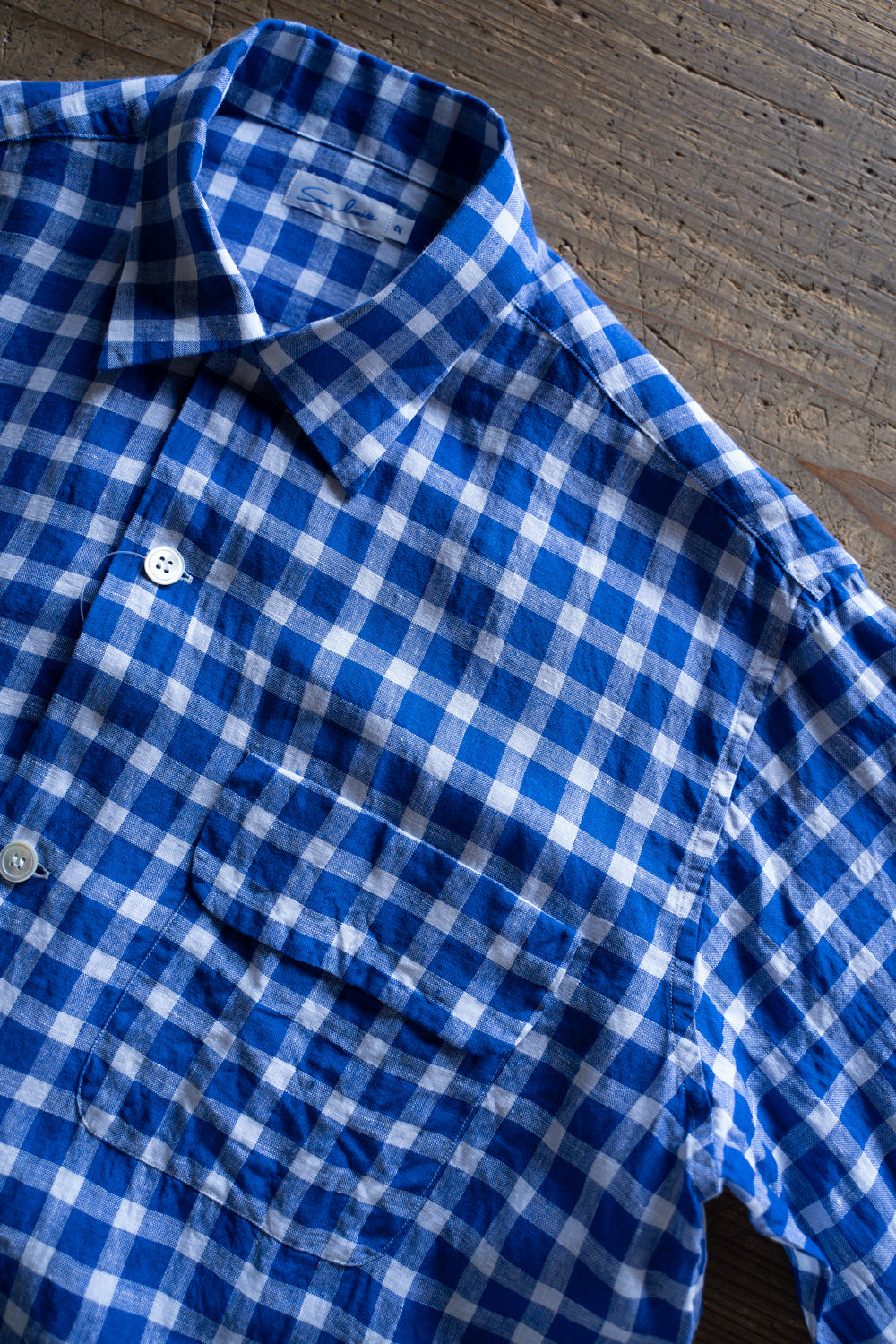 【ラスト1点】SH03B 大開襟リネンギンガムシャツ(BLUE GINGHAM)