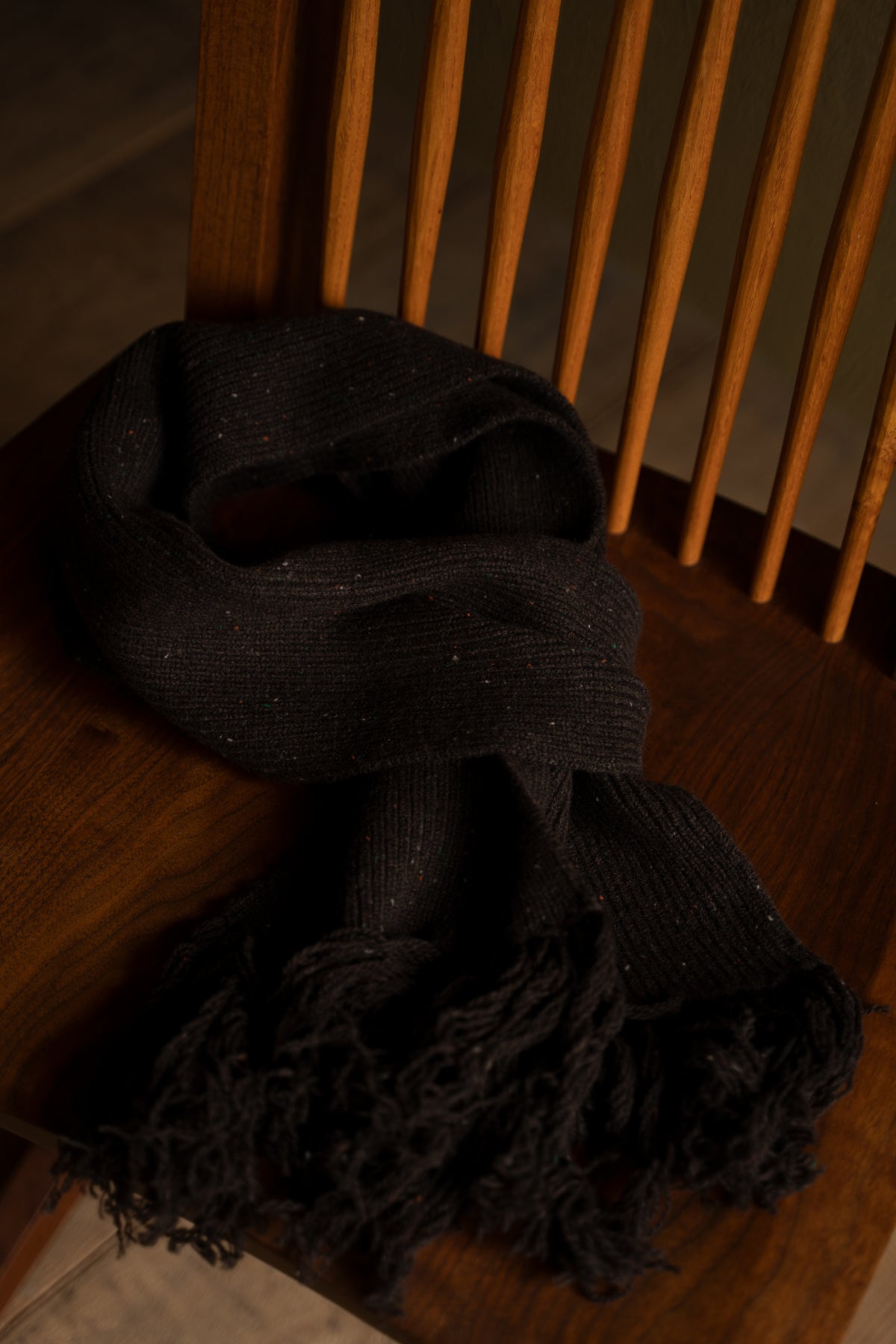 【ラスト1点】Fringe Narrow Scarf - Lambswool Cashmere -(FLECKED DARK BROWN)