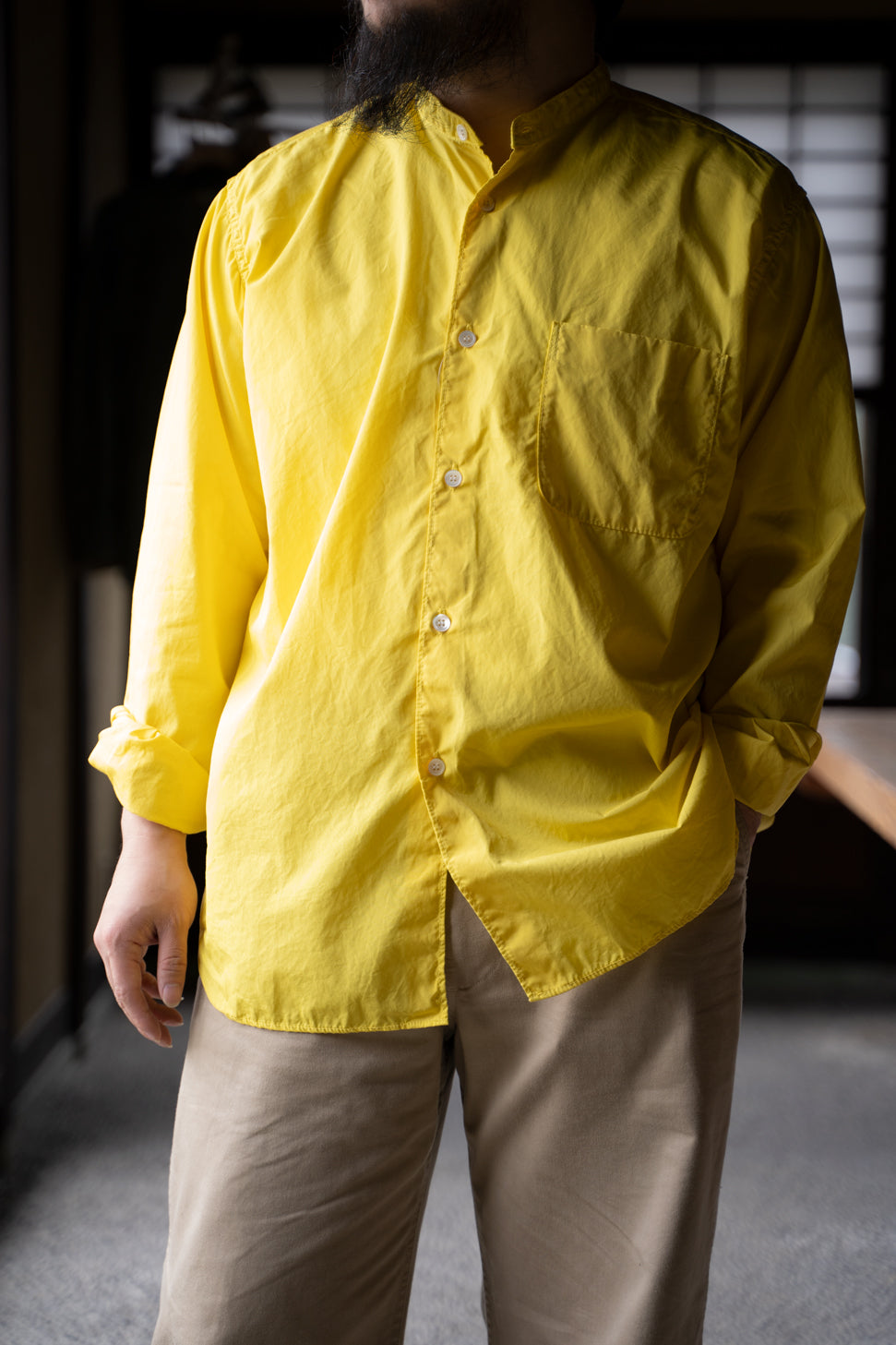 【ラスト1点】SH06B ボックススタンド2本針製品染シャツ(YELLOW)