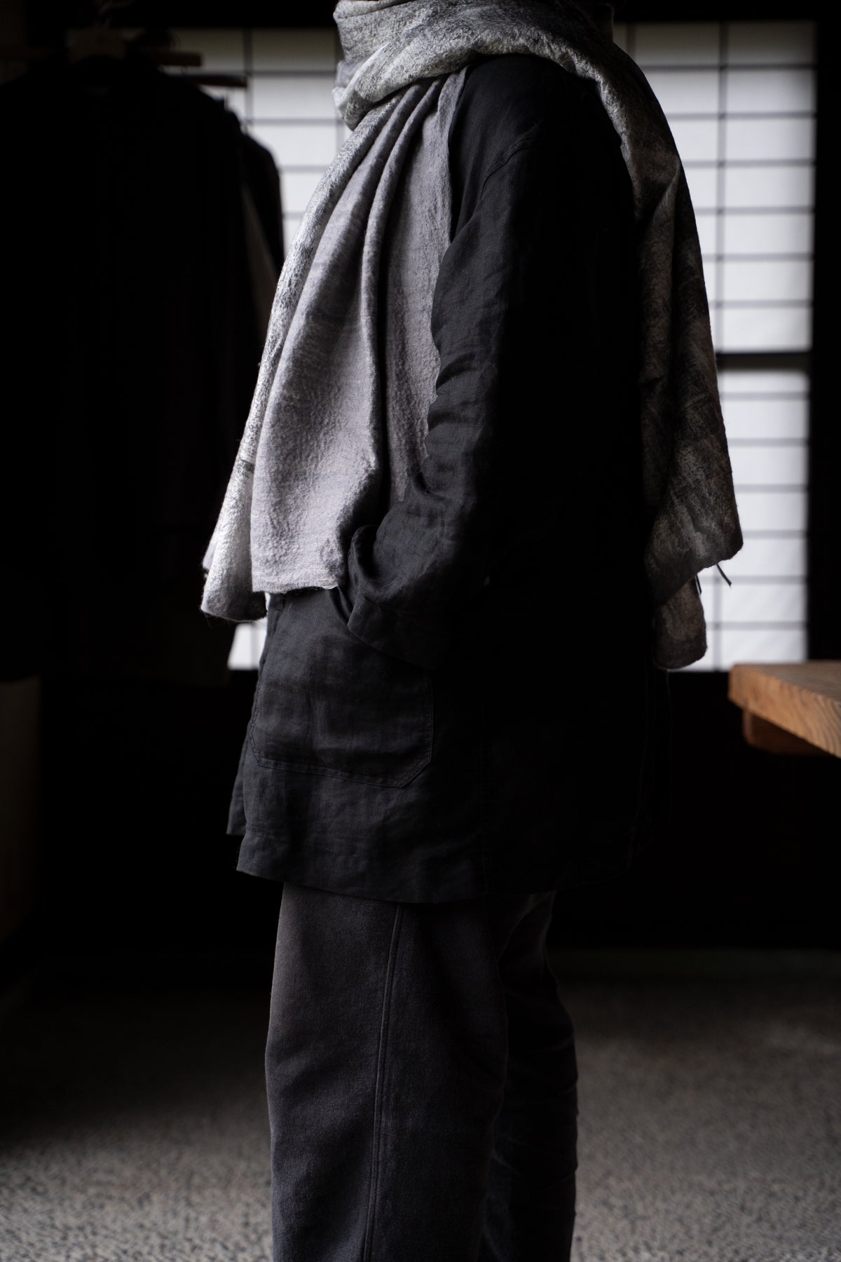 【ラスト1点】Wool Silk Stole "Painting 300" (GREY MELANGE/WHITE)