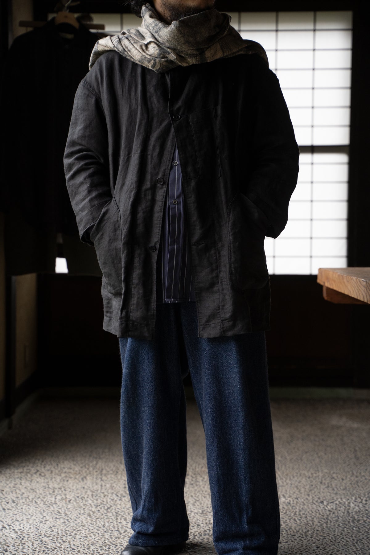 【ラスト1点】Wool Silk Stole "LIGHT 200" (BEIGE/BLACK)