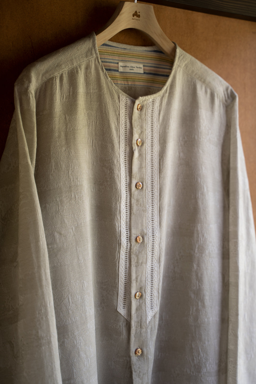 【ラスト1点】Flower Jacquard Ethnic Crew Neck Shirt(MOSS GREEN)