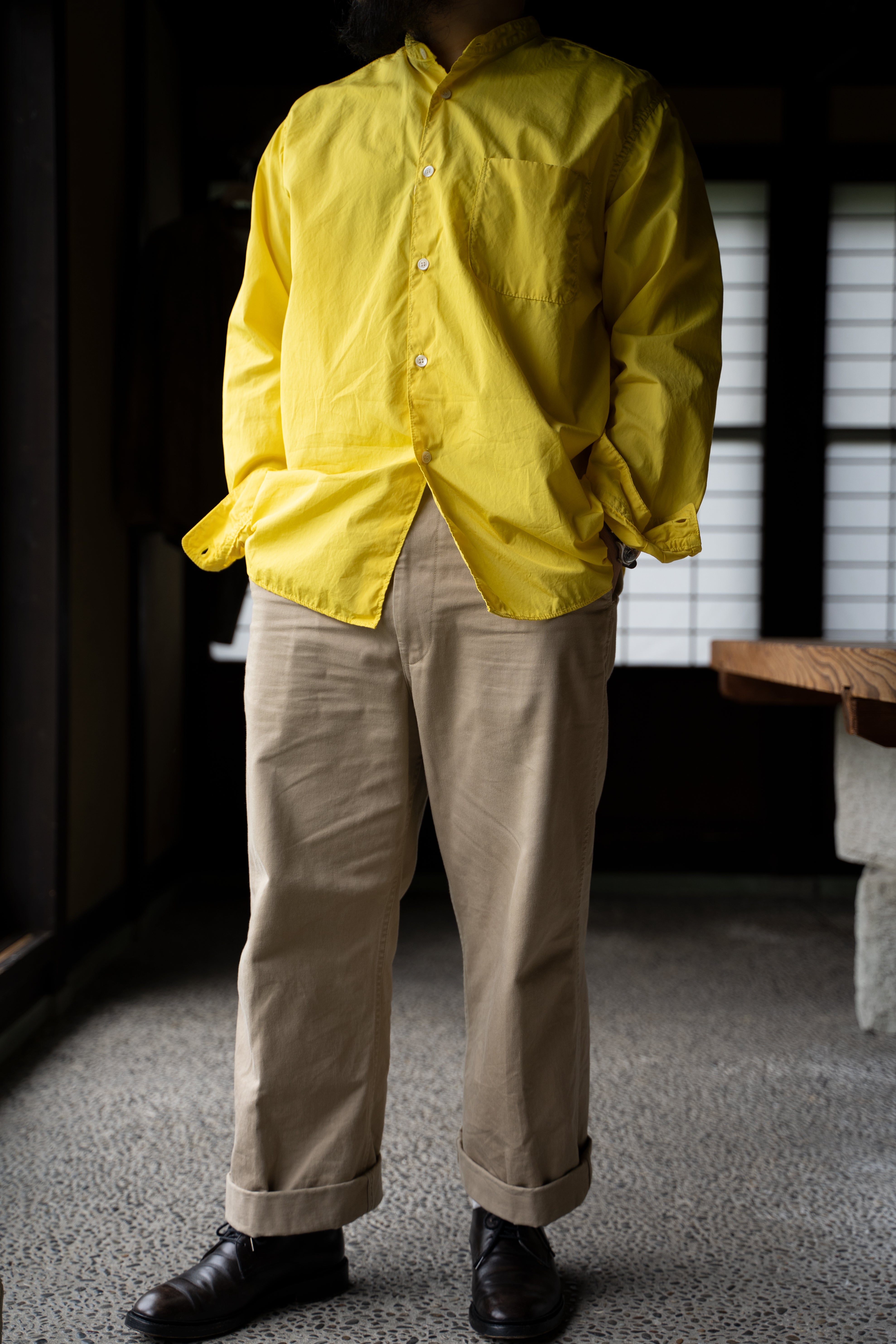 【ラスト1点】SH06B ボックススタンド2本針製品染シャツ(YELLOW)
