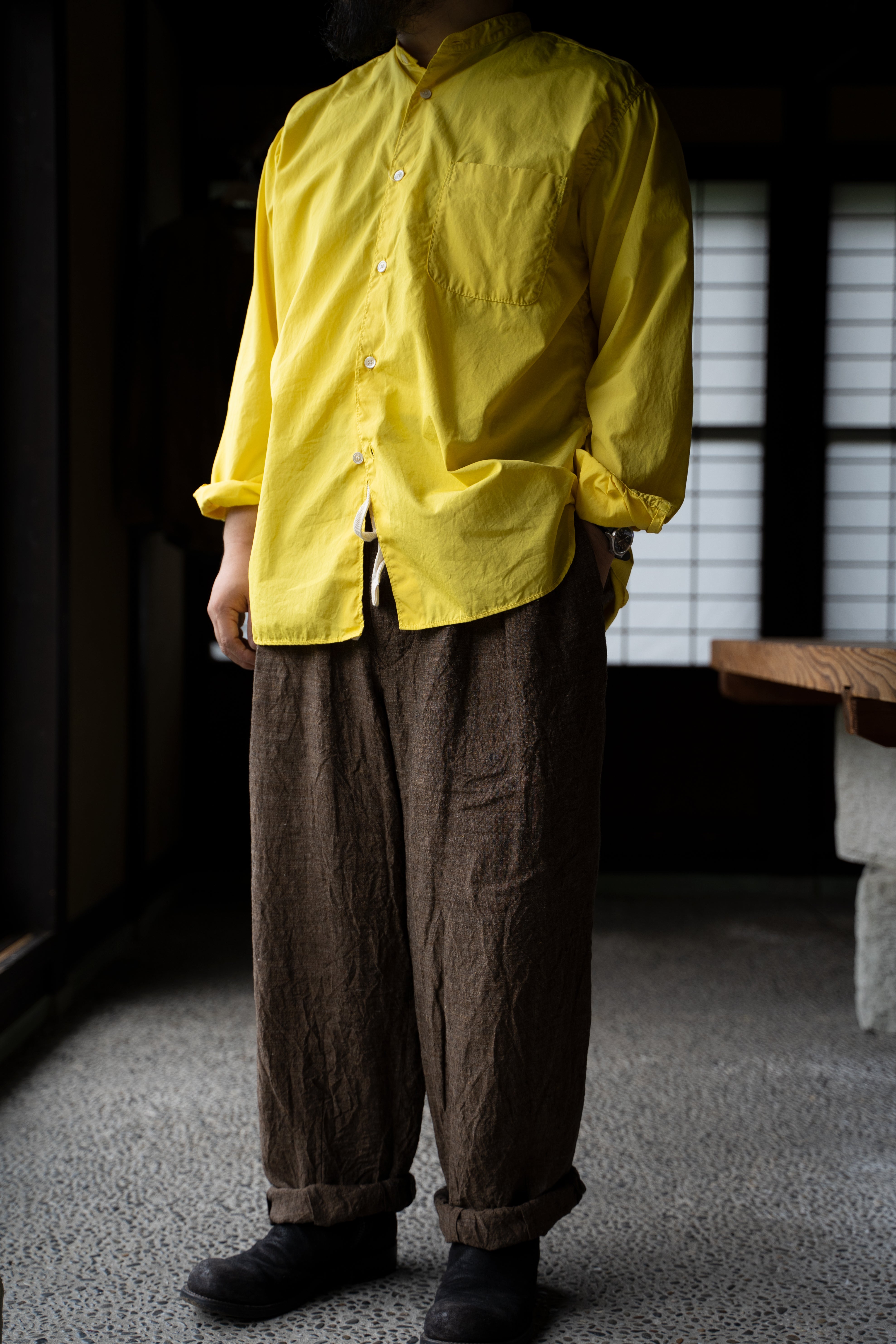 【ラスト1点】SH06B ボックススタンド2本針製品染シャツ(YELLOW)