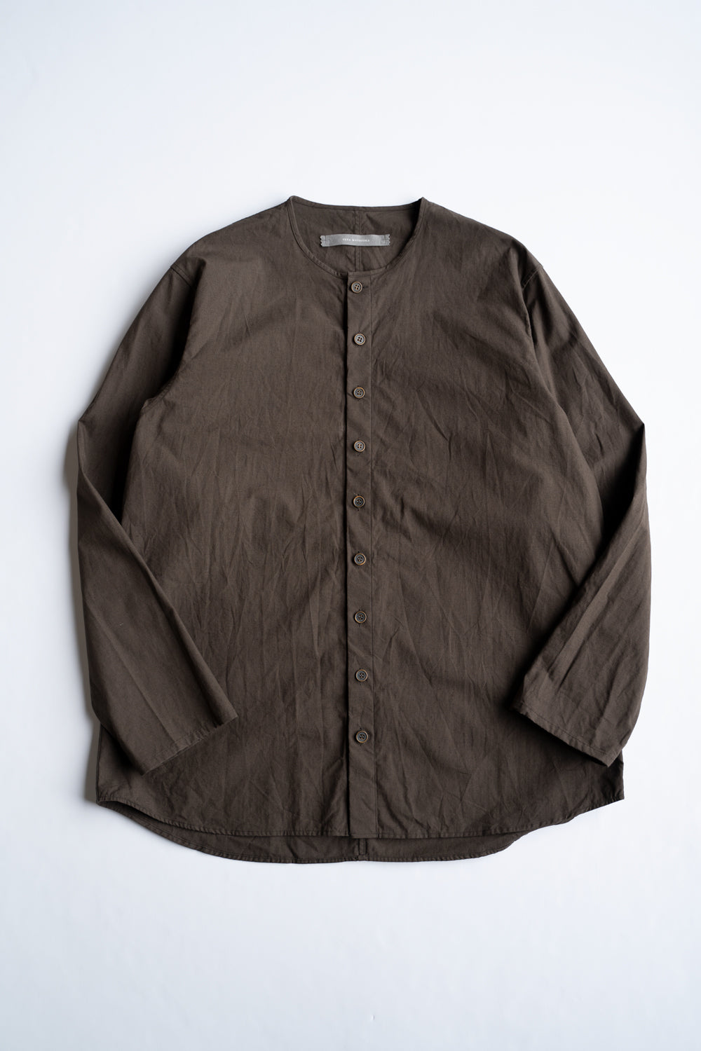 【ラスト1点】Hard Twist Yarn Horse Cloth Collarless Shirt/ハードツイストヤーンホースクロスカラーレスシャツ(DARK BROWN)