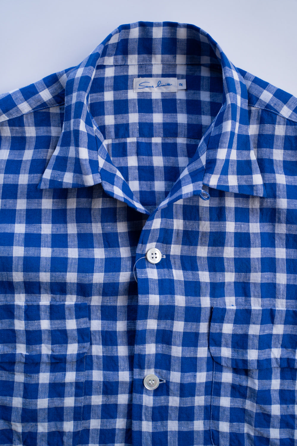 【ラスト1点】SH03B 大開襟リネンギンガムシャツ（BLUE GINGHAM）