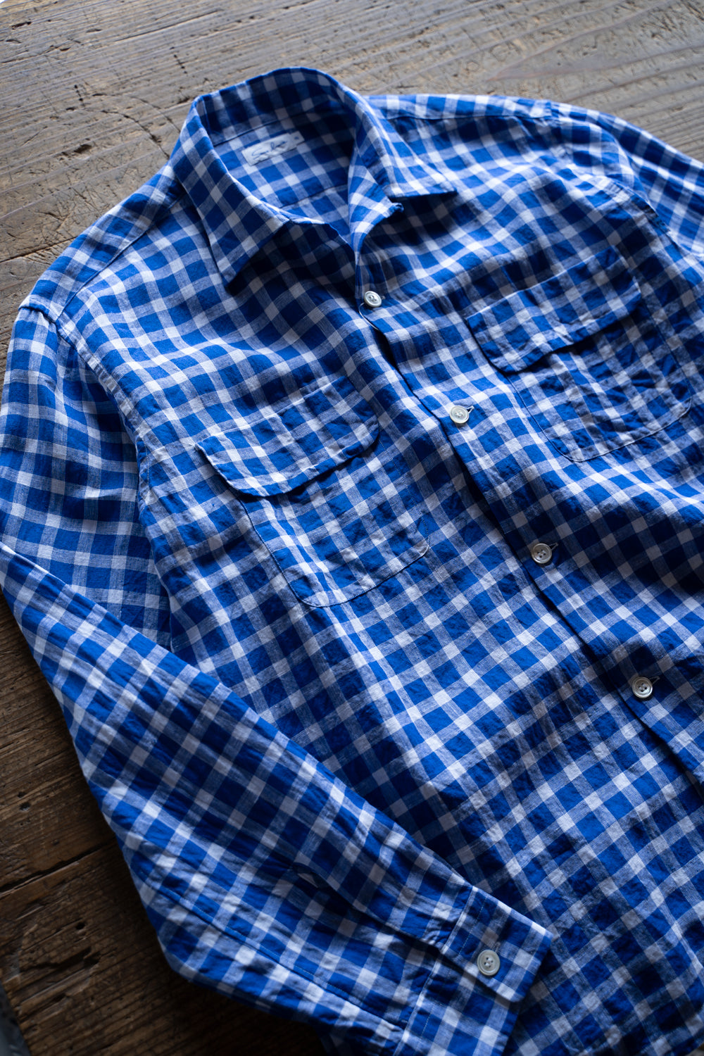 【ラスト1点】SH03B 大開襟リネンギンガムシャツ（BLUE GINGHAM）