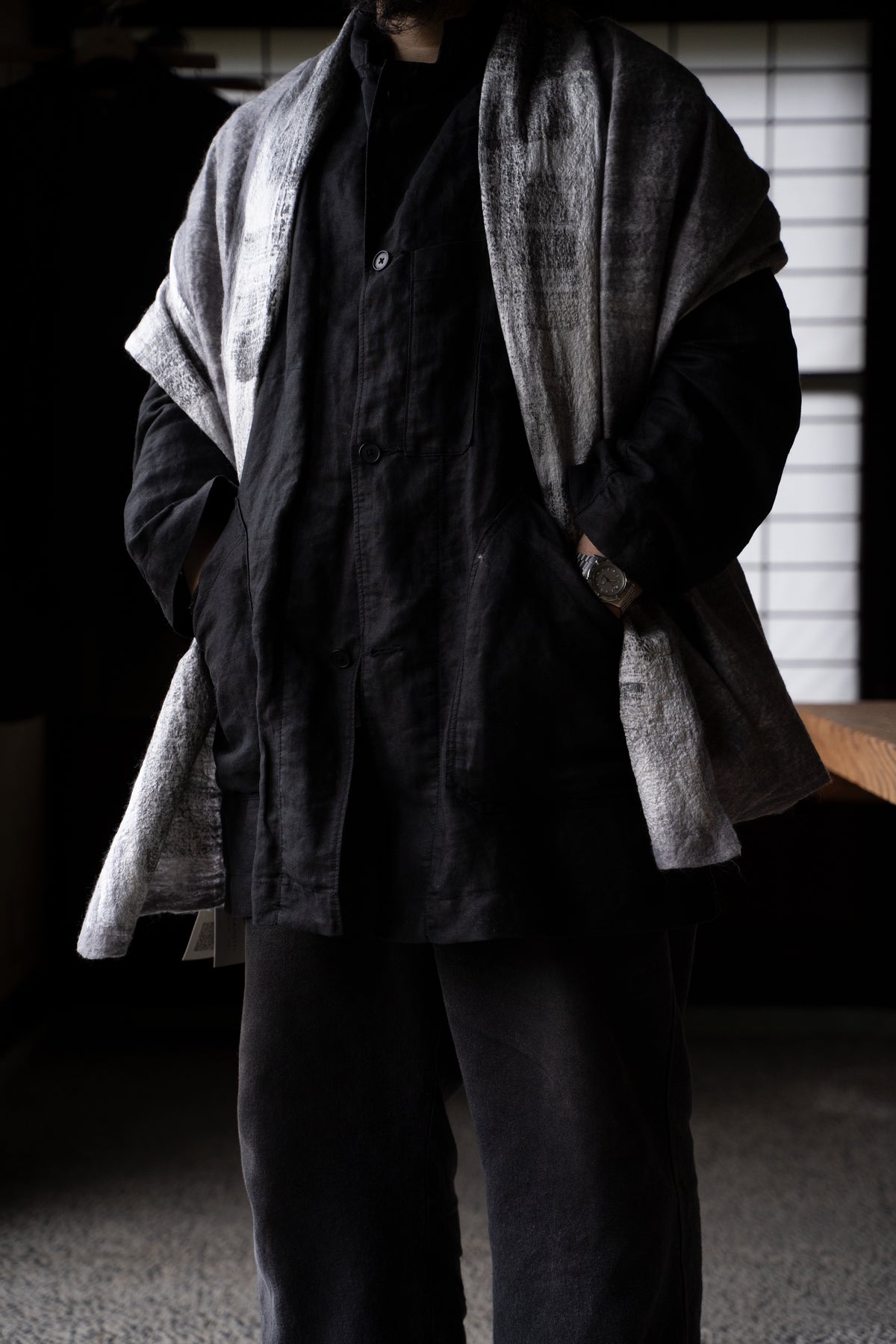 【ラスト1点】Wool Silk Stole "Painting 300" （GREY MELANGE/WHITE）