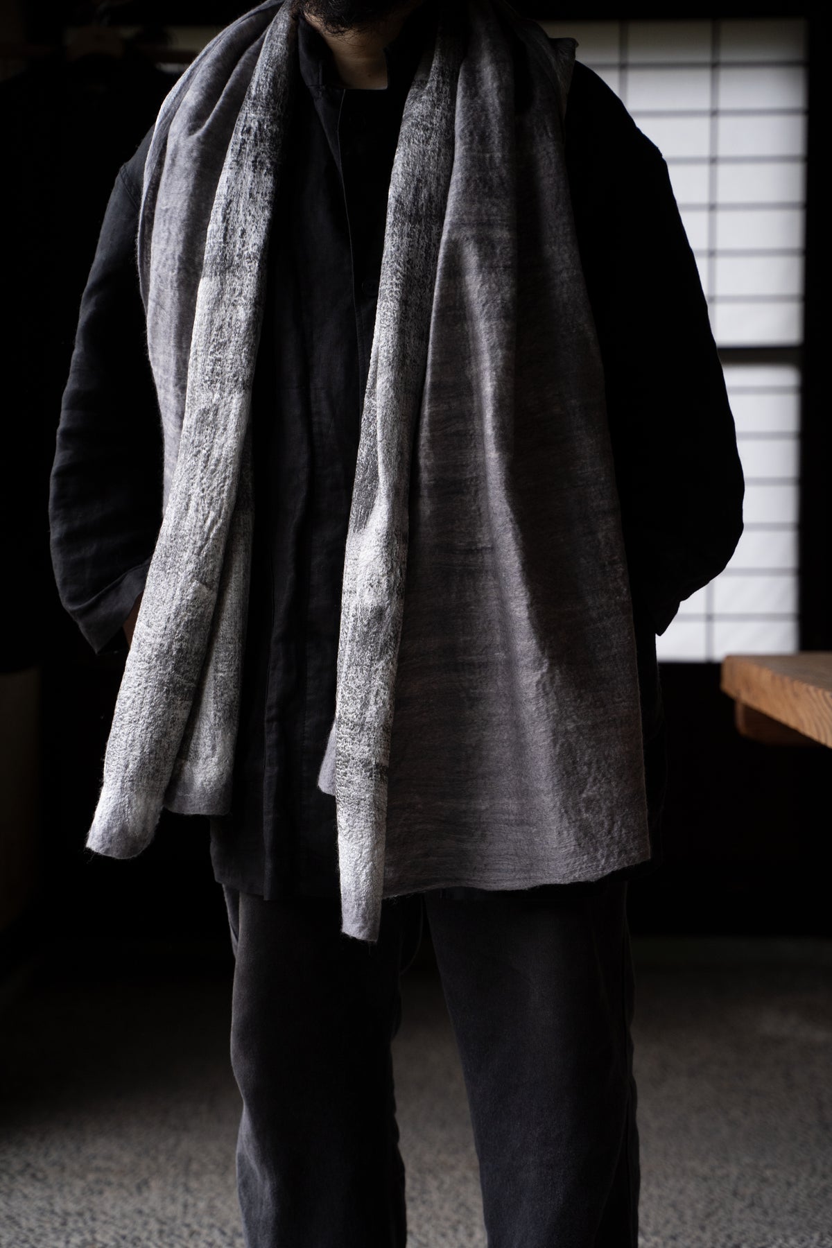 【ラスト1点】Wool Silk Stole "Painting 300" （GREY MELANGE/WHITE）
