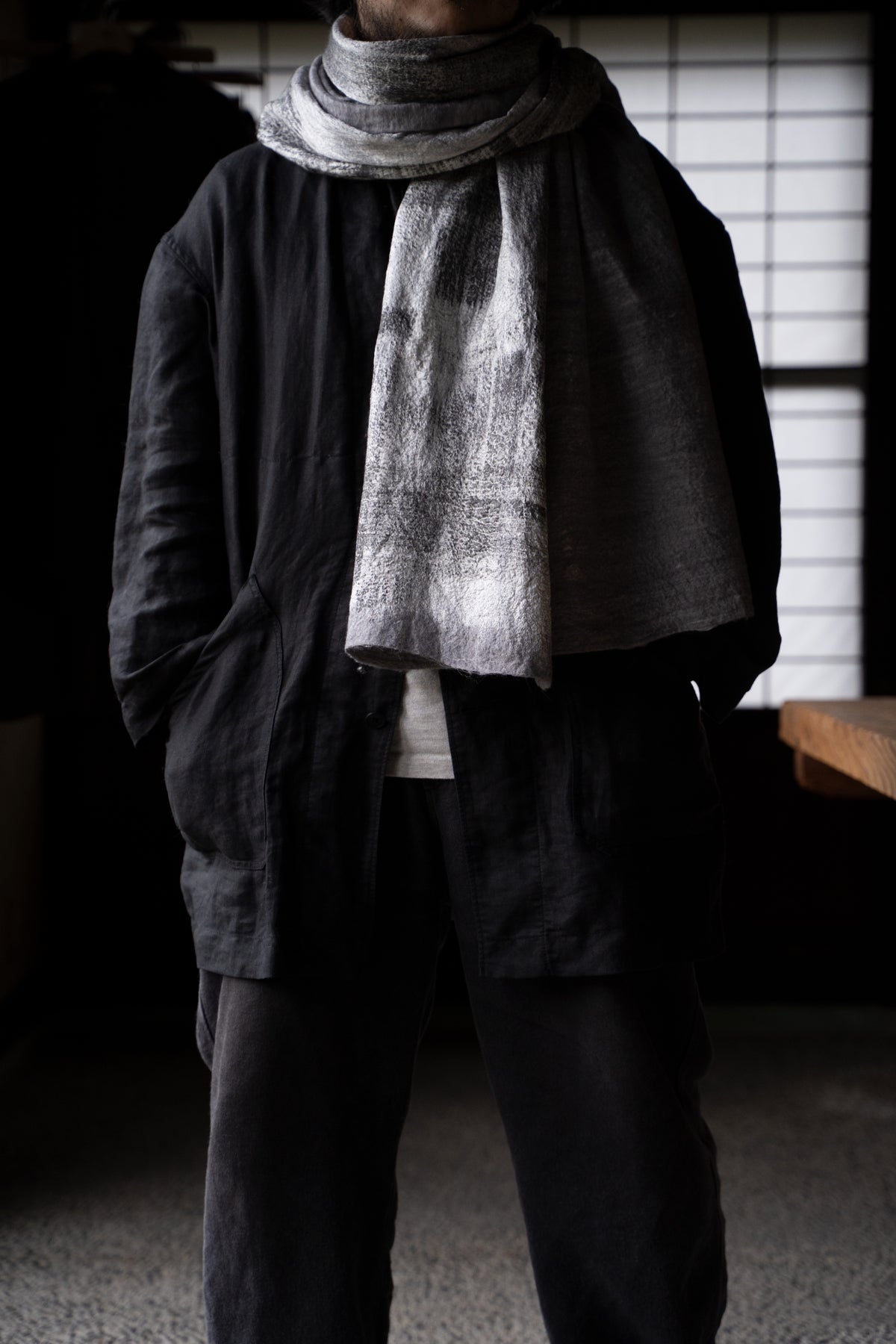 【ラスト1点】Wool Silk Stole "Painting 300" （GREY MELANGE/WHITE）