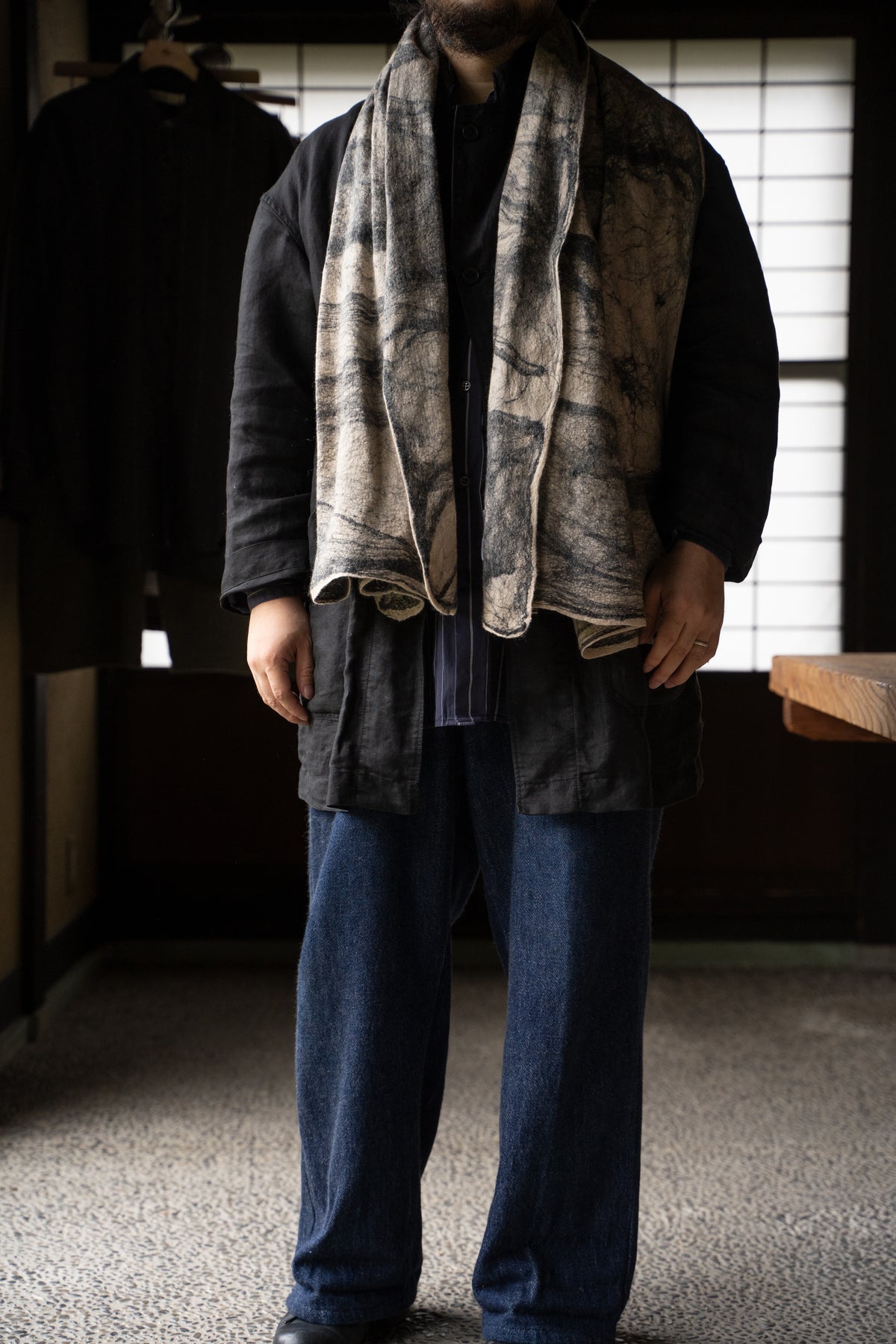 【ラスト1点】Wool Silk Stole "LIGHT 200" （BEIGE/BLACK）