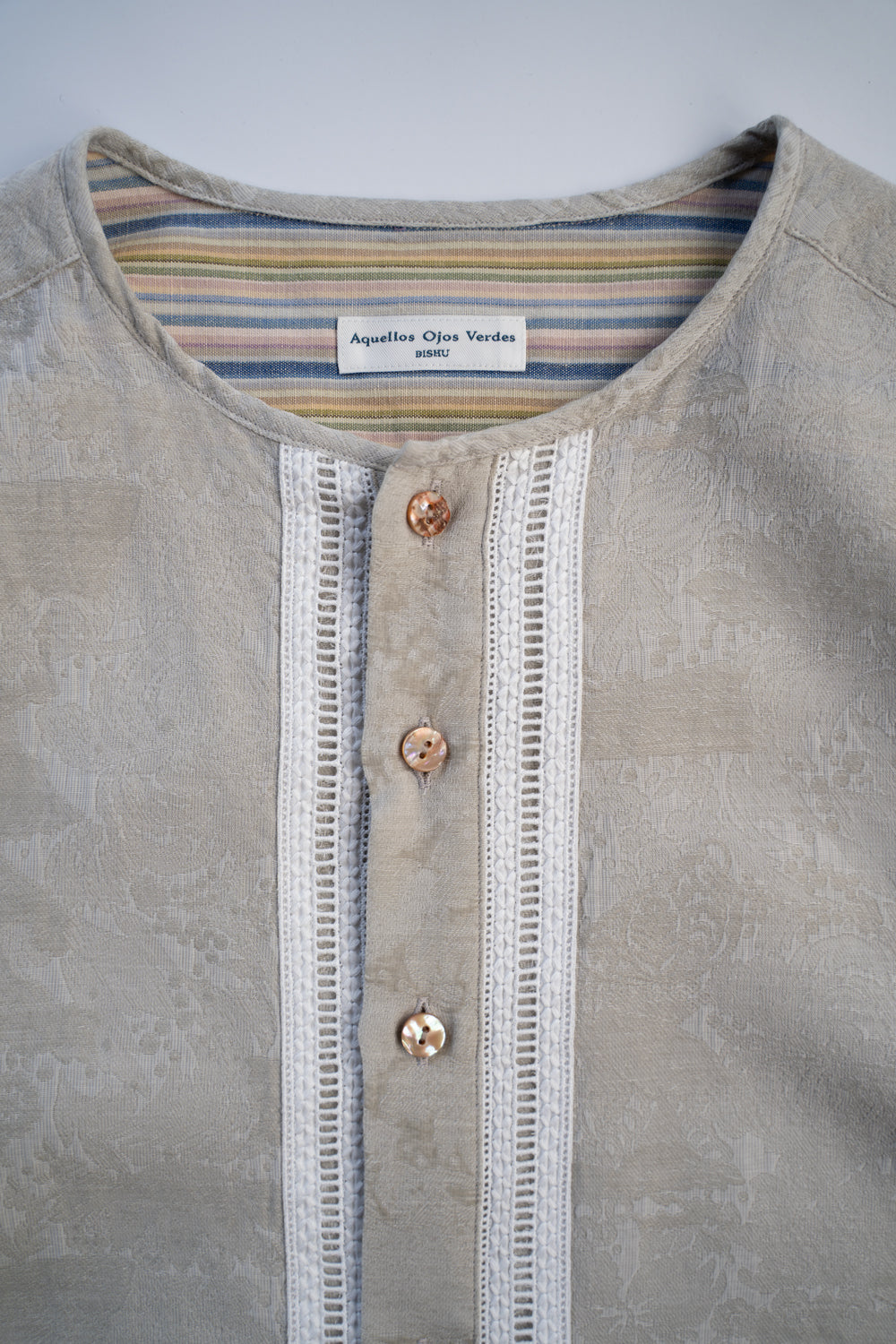 【ラスト1点】Flower Jacquard Ethnic Crew Neck Shirt（MOSS GREEN）
