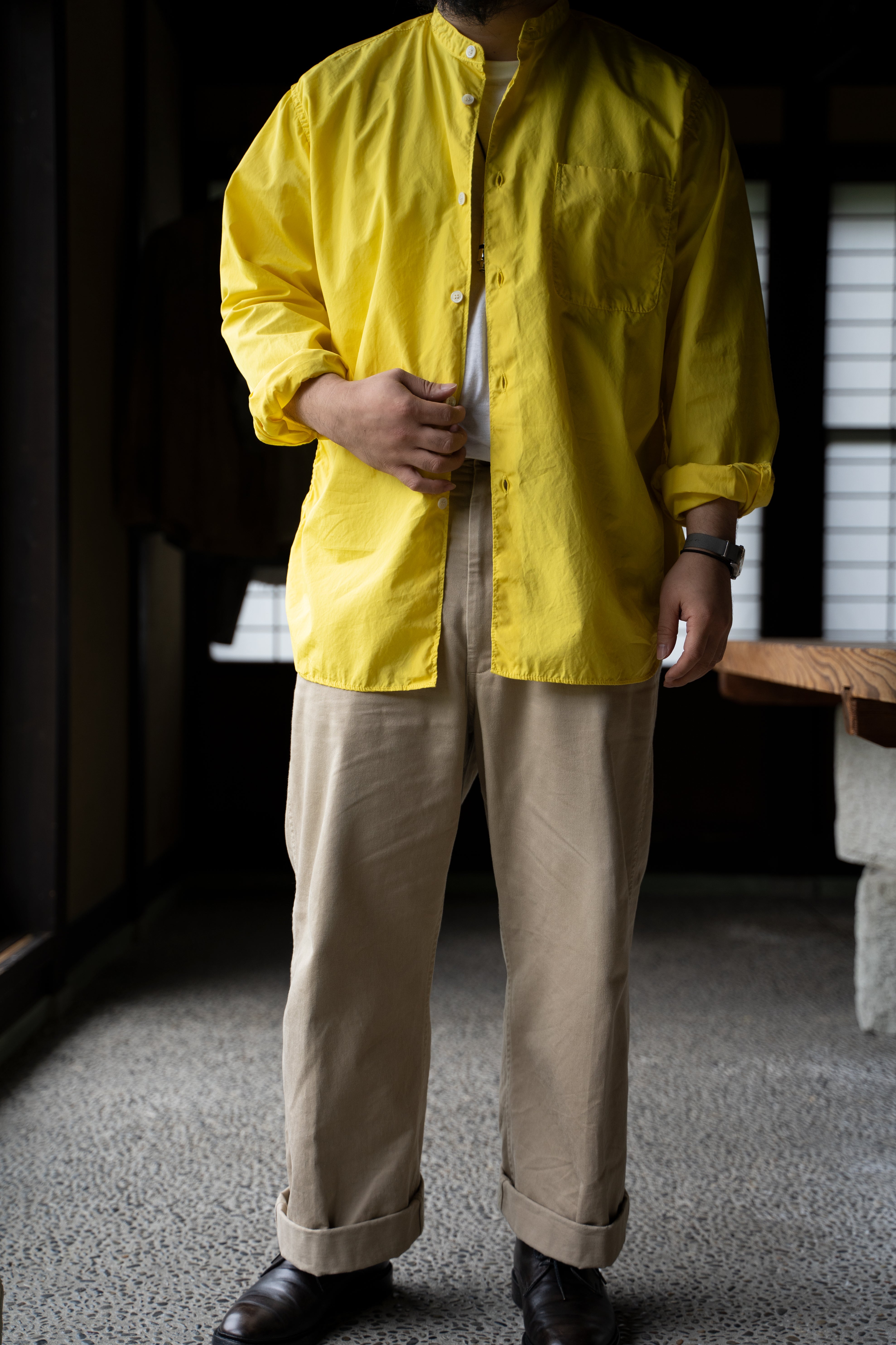 【ラスト1点】SH06B ボックススタンド２本針製品染シャツ（YELLOW）