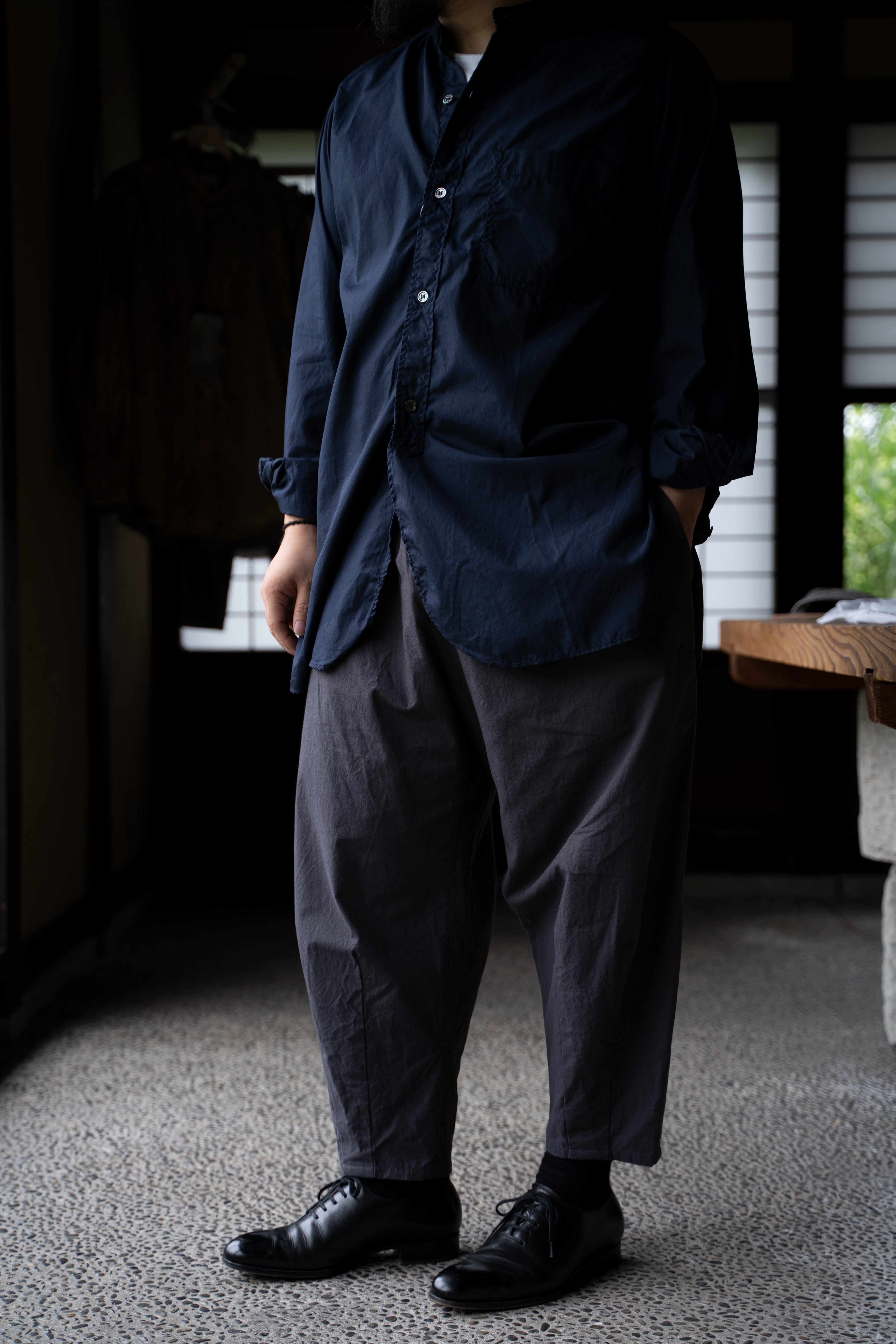 【ラスト1点】SH06S 長丈２本針スタンドカラーシャツ（NAVY）